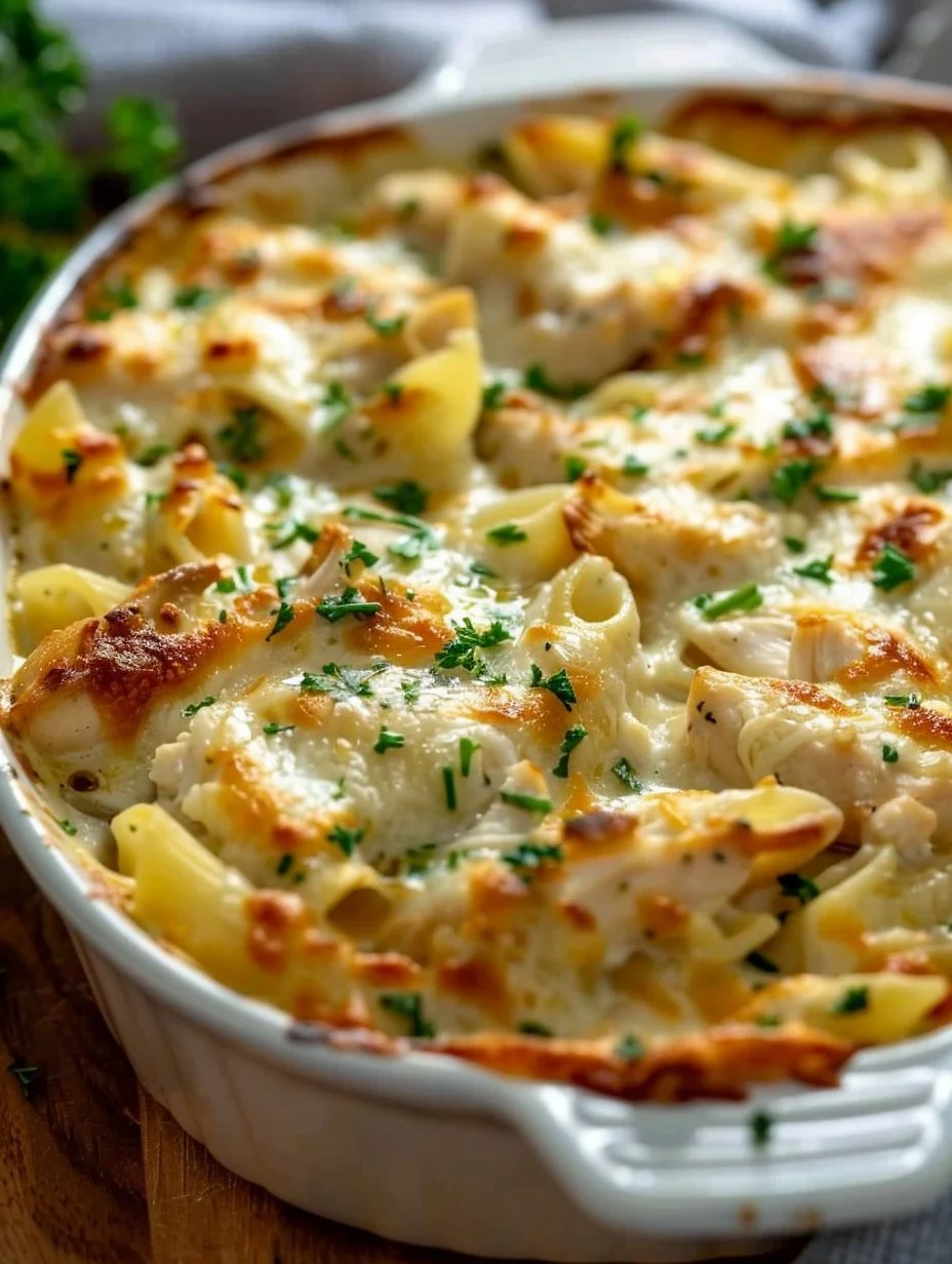Creamy Chicken Alfredo Casserole with pasta and cheese