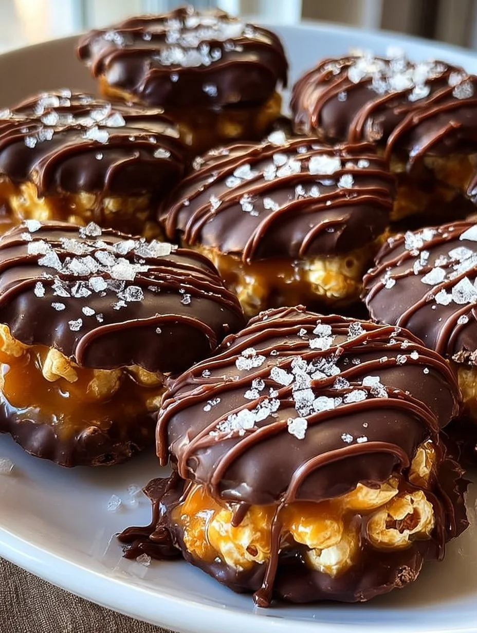 Chocolate caramel pretzel sandwich bites stacked on a plate.