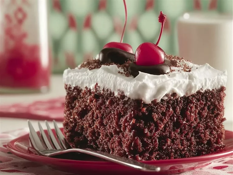 Decadent Chocolate-Cherry Cola Cake topped with cherries and cola syrup