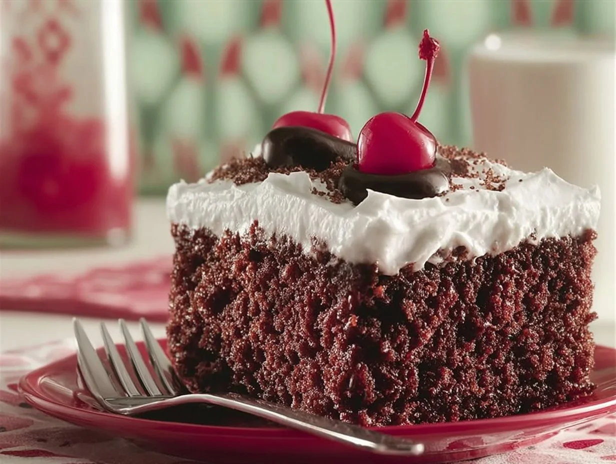 Decadent Chocolate-Cherry Cola Cake topped with cherries and cola syrup
