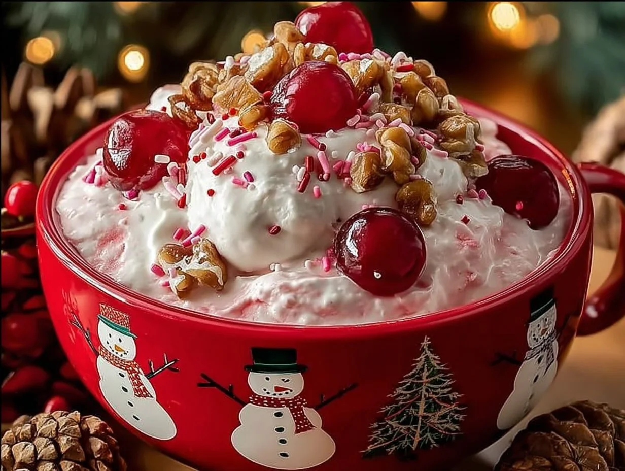 Delicious Christmas Cherry Fluff dessert in a festive bowl