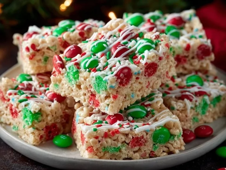 Colorful Christmas Rice Krispie Treats decorated for the holiday season.