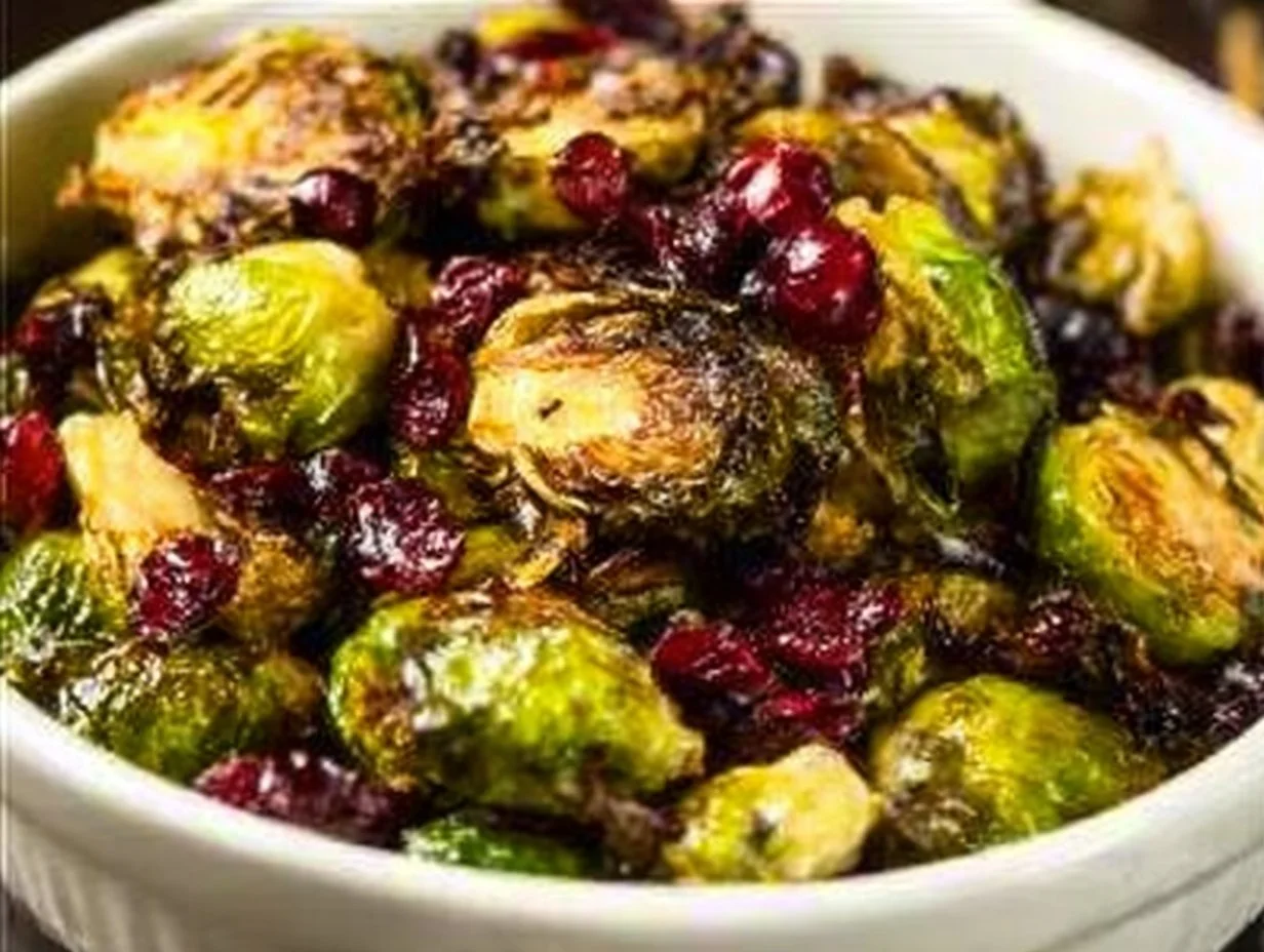 Christmas roasted Brussels sprouts garnished for a festive meal