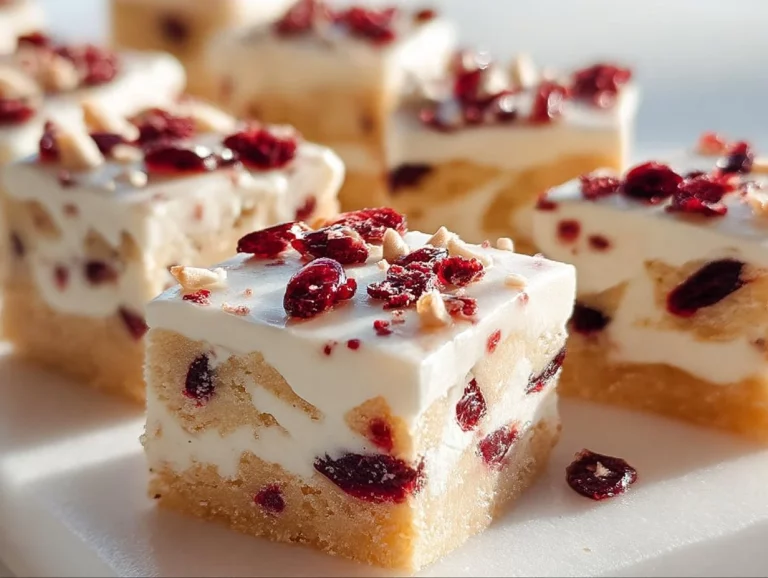Delicious Cranberry Bliss Bars with cream cheese frosting and dried cranberries.