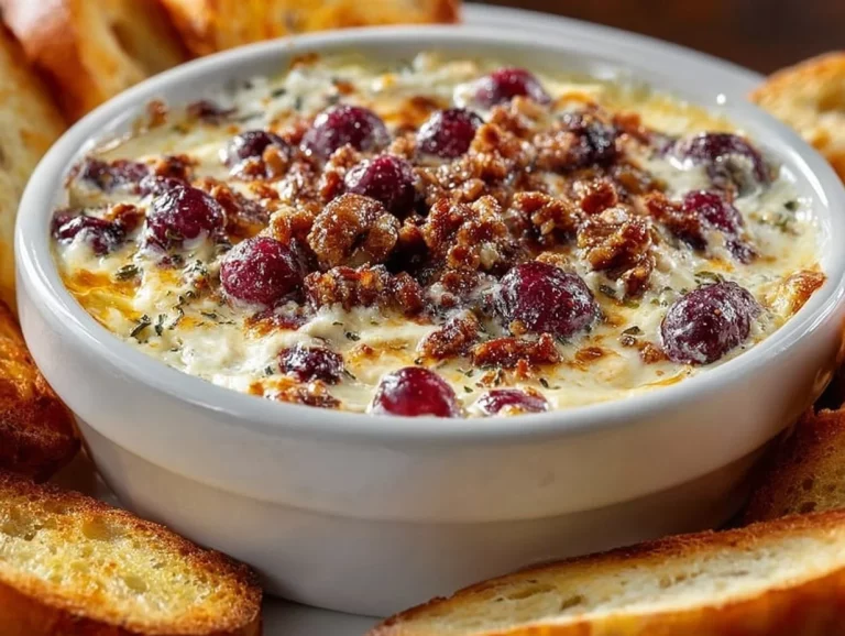 Cranberry cheddar cheese dip served with crackers on a wooden platter.