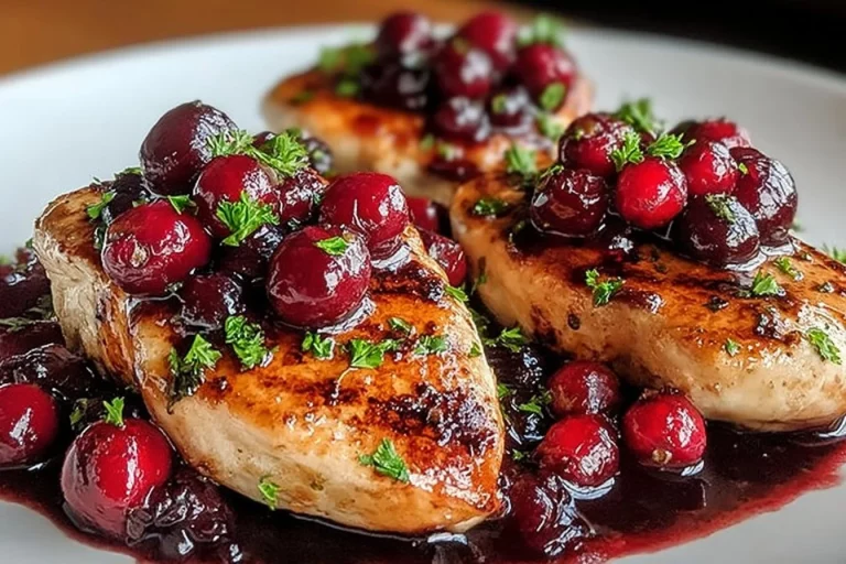 Cranberry chicken dish garnished and served on a plate