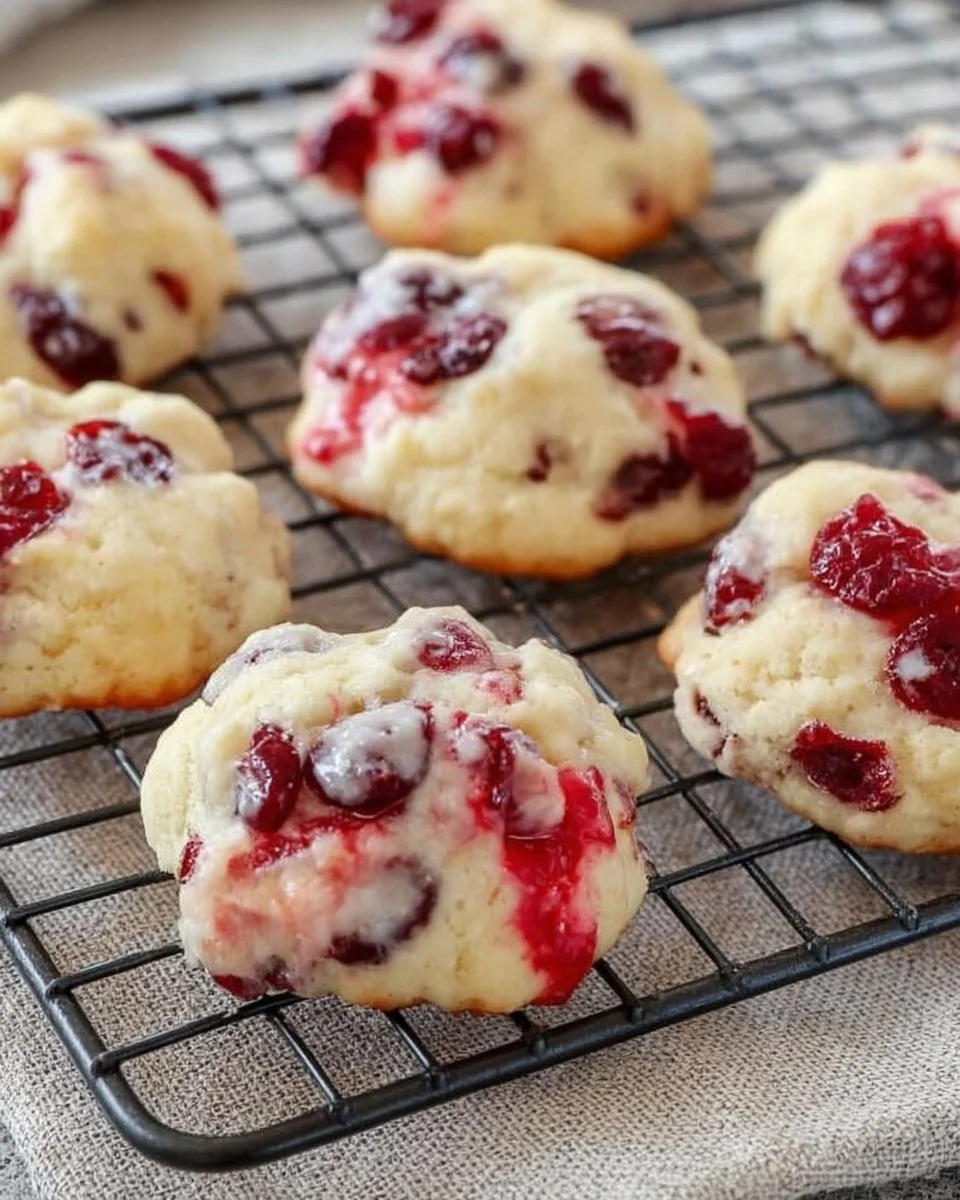Freshly baked cranberry cookies on a cooling rack, delicious and inviting.