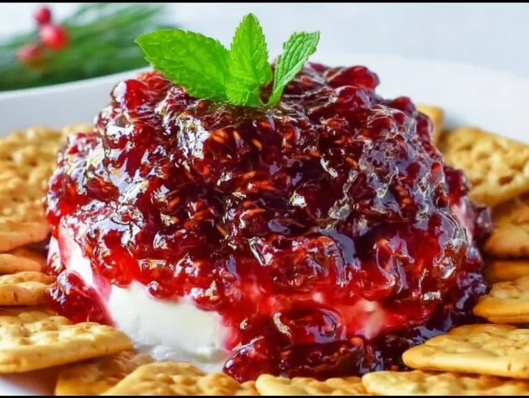 Cranberry Cream Cheese Appetizer served on crackers with fresh herbs