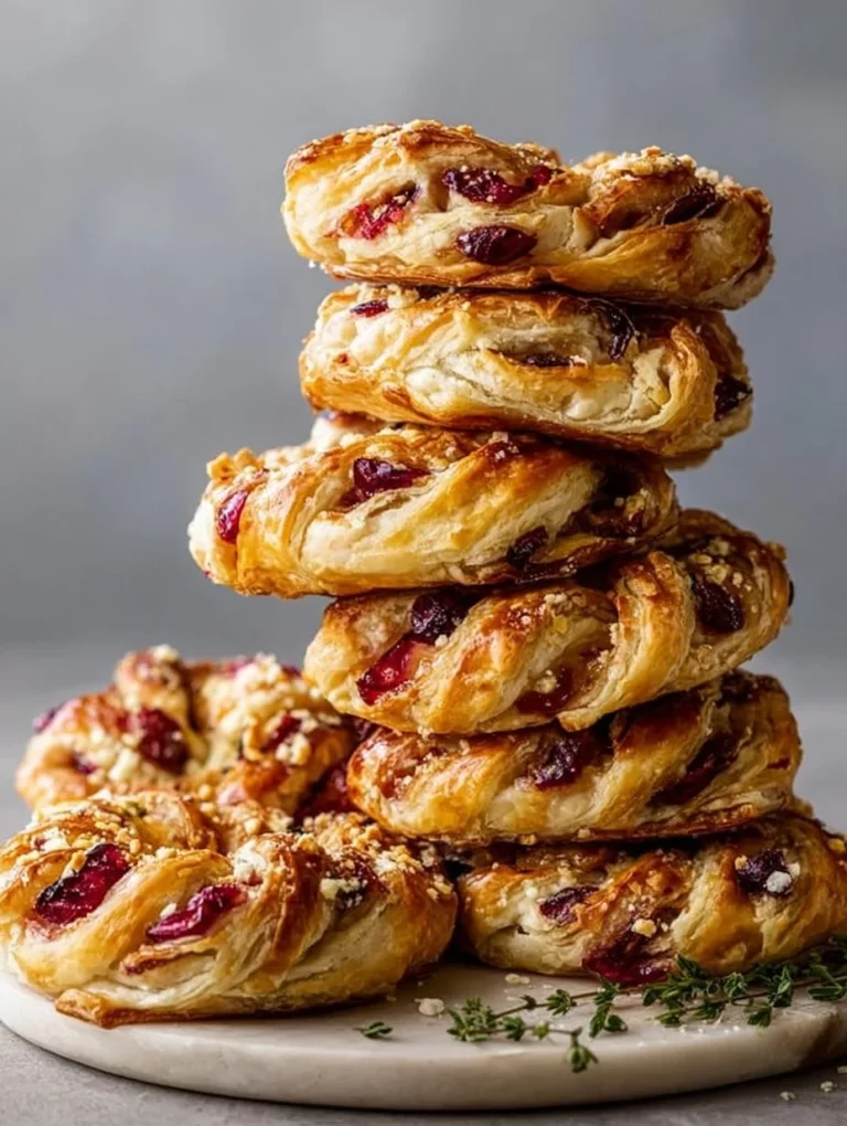 Cranberry Feta Puff Pastry Wreaths garnished with herbs and served on a platter.