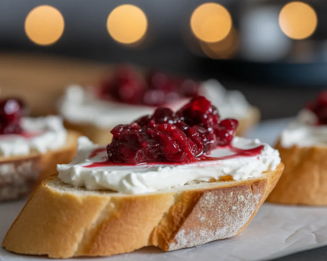 Cranberry Honey Cream Cheese Crostini with a drizzle of honey and topped with herbs.