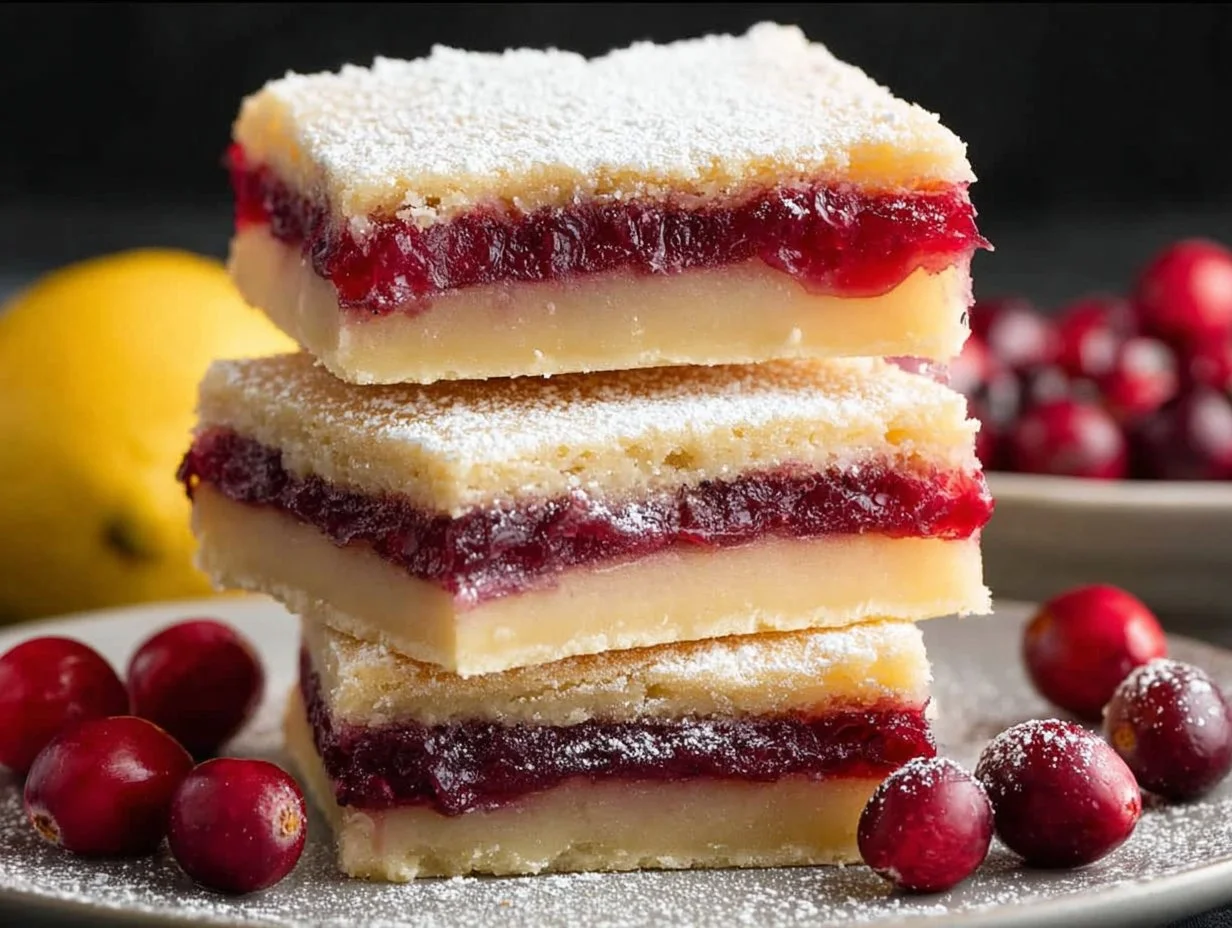 Delicious cranberry lemon bars with a tangy glaze and fresh cranberries
