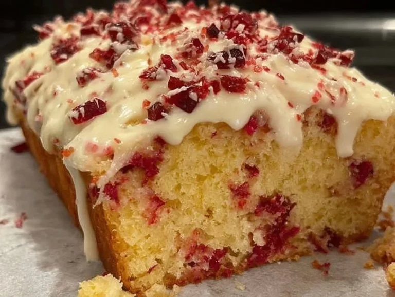 Freshly baked Cranberry Orange Bread with a glaze on a wooden table.