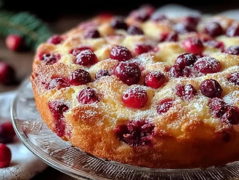 Cranberry Orange Breakfast Cake topped with orange glaze on a white plate