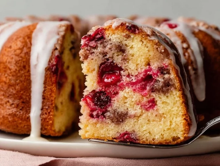 Cranberry Orange Bundt Cake with citrus glaze on a serving platter