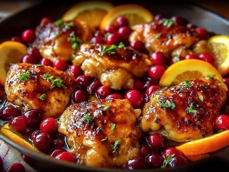 Delicious Cranberry Orange Chicken served with fresh herbs and citrus garnish.