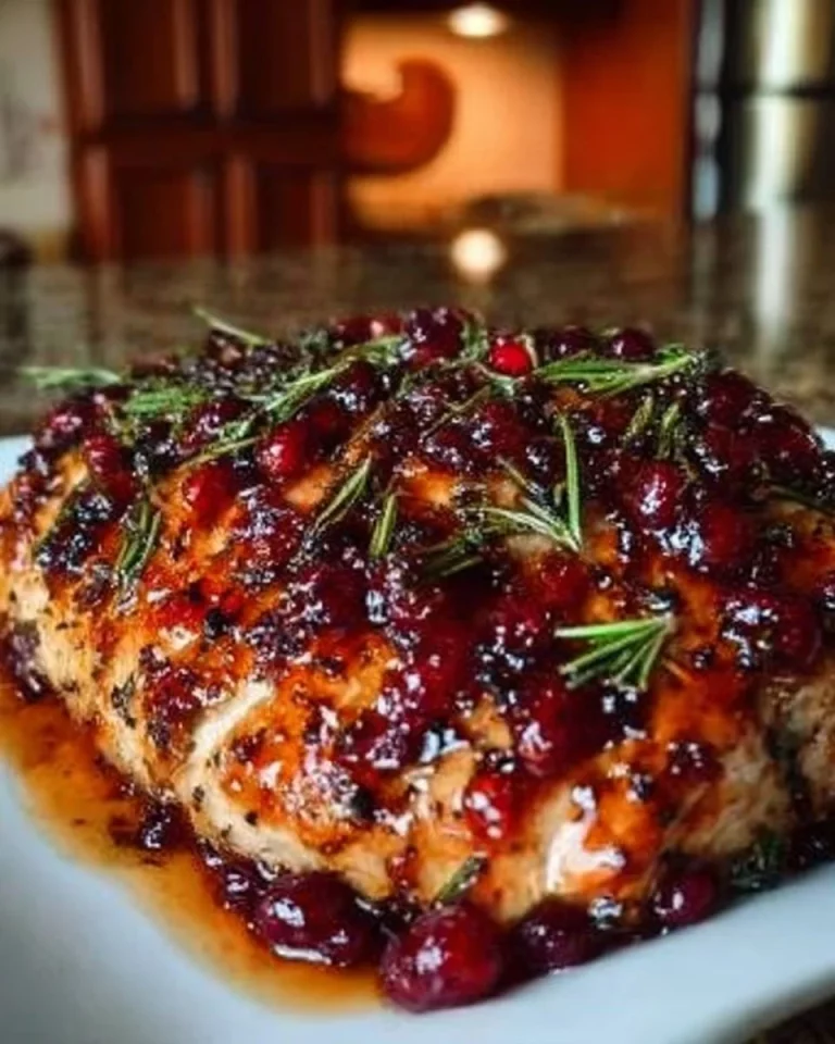 Cranberry orange glazed turkey breast served on a festive plate