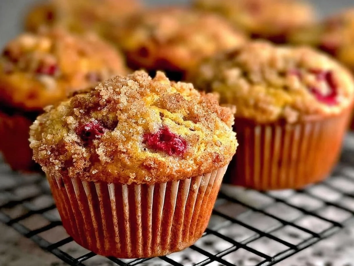 Delicious homemade Cranberry Orange Muffins on a rustic wooden table