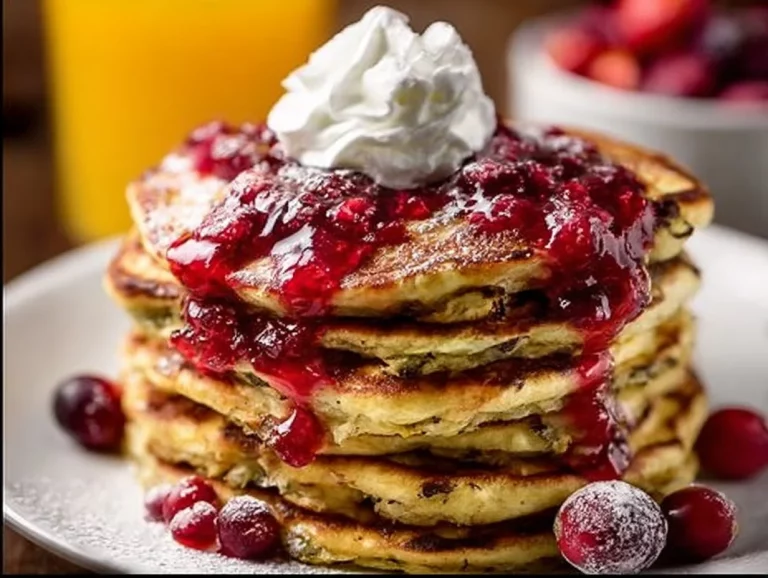 Fluffy and delicious Cranberry Orange Pancakes stacked with fresh fruit and syrup