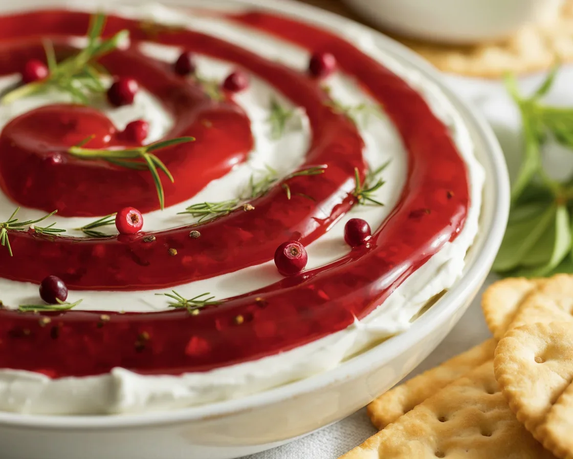 Cranberry Pepper Jelly Cream Cheese Dip served on a platter with crackers