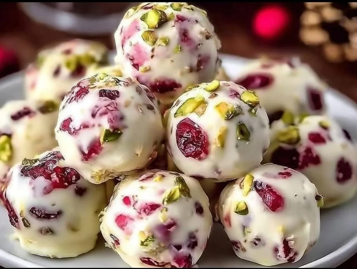 Delicious Cranberry Pistachio Balls on a white plate, garnished with pistachios.