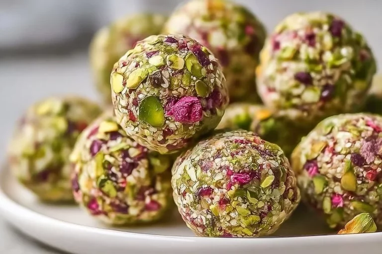 Cranberry Pistachio Protein Bites with nuts and dried fruit on a wooden surface