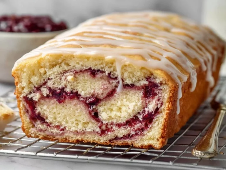 Cranberry sauce pound cake drizzled with orange icing on a decorative plate