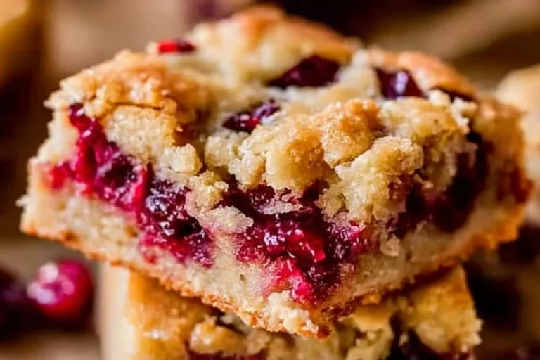 Cranberry shortbread bars topped with festive cranberries and sliced on a wooden board