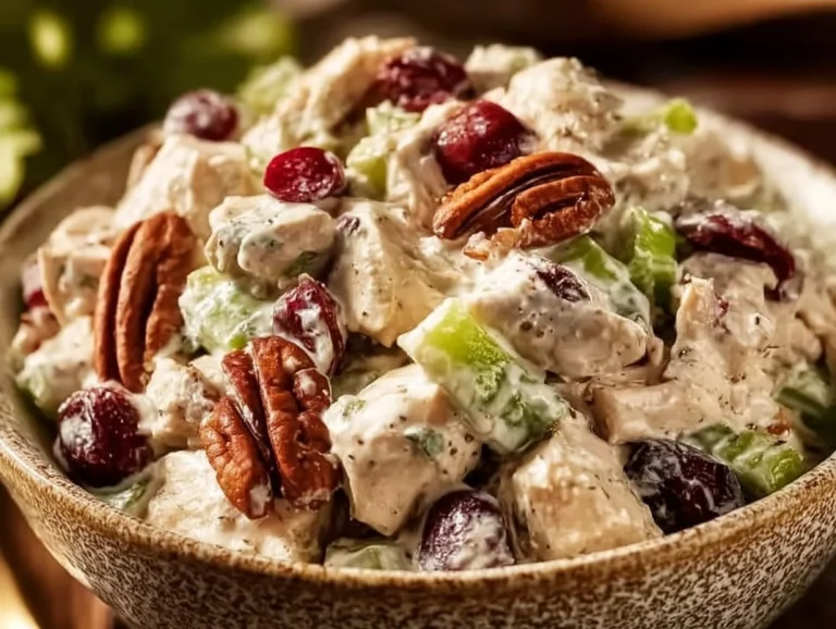 Bowl of Cranberry Turkey Chicken Salad with festive ingredients for Thanksgiving