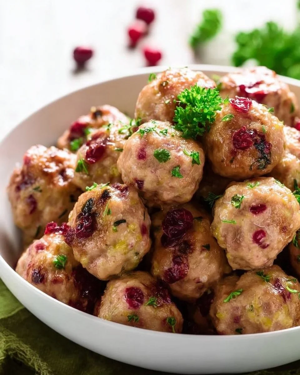 Plate of cranberry turkey meatballs garnished with fresh herbs.