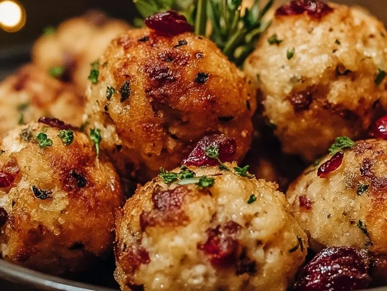 Delicious Cranberry Turkey Stuffing Balls served on a festive plate