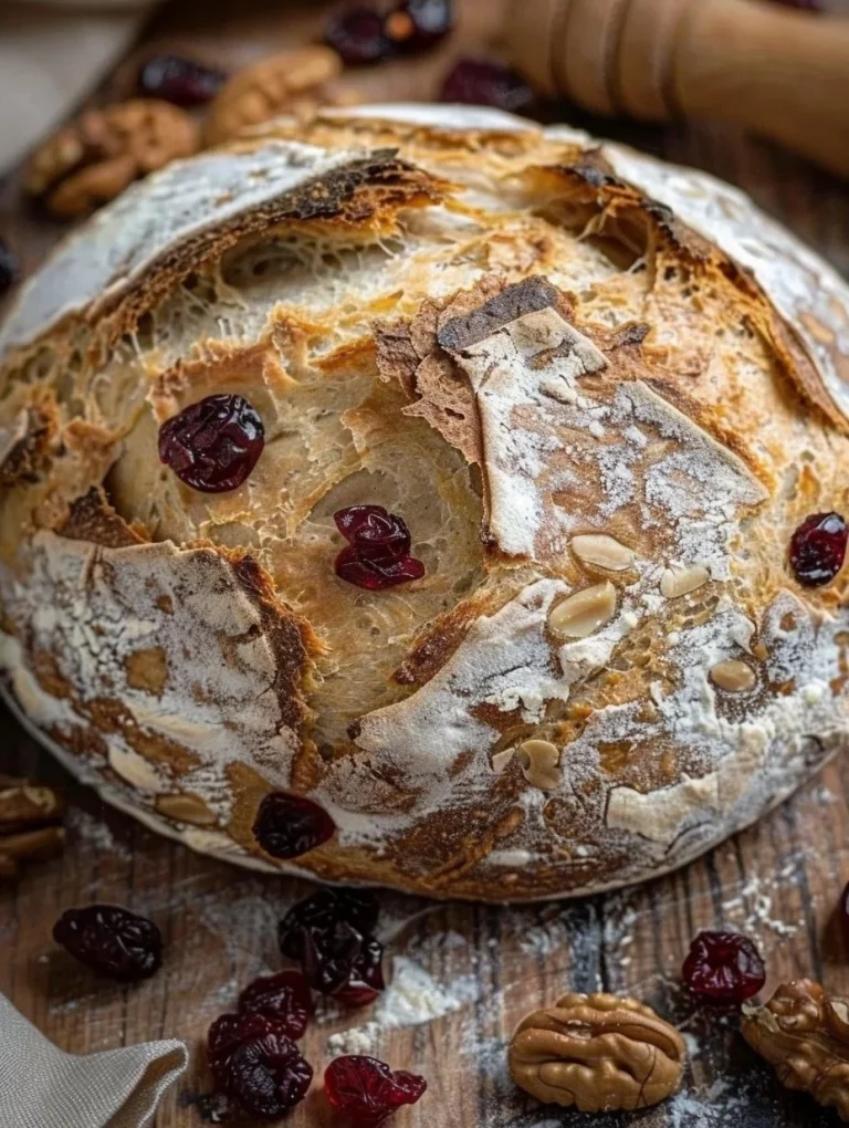 Cranberry Walnut Orange No Knead Bread fresh out of the oven
