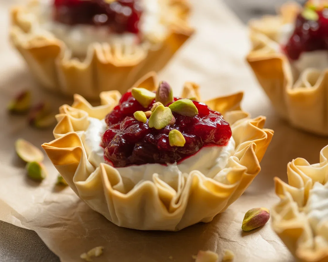 Cream Cheese Cranberry Phyllo Cups served as a festive appetizer.