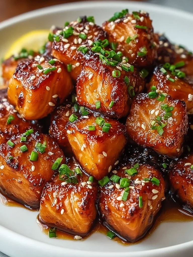 Crispy air fryer honey garlic salmon bites served on a plate