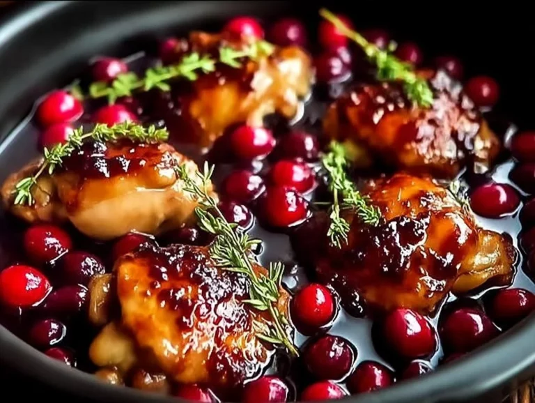 Crockpot Cranberry Glazed Chicken served on a white plate with herbs
