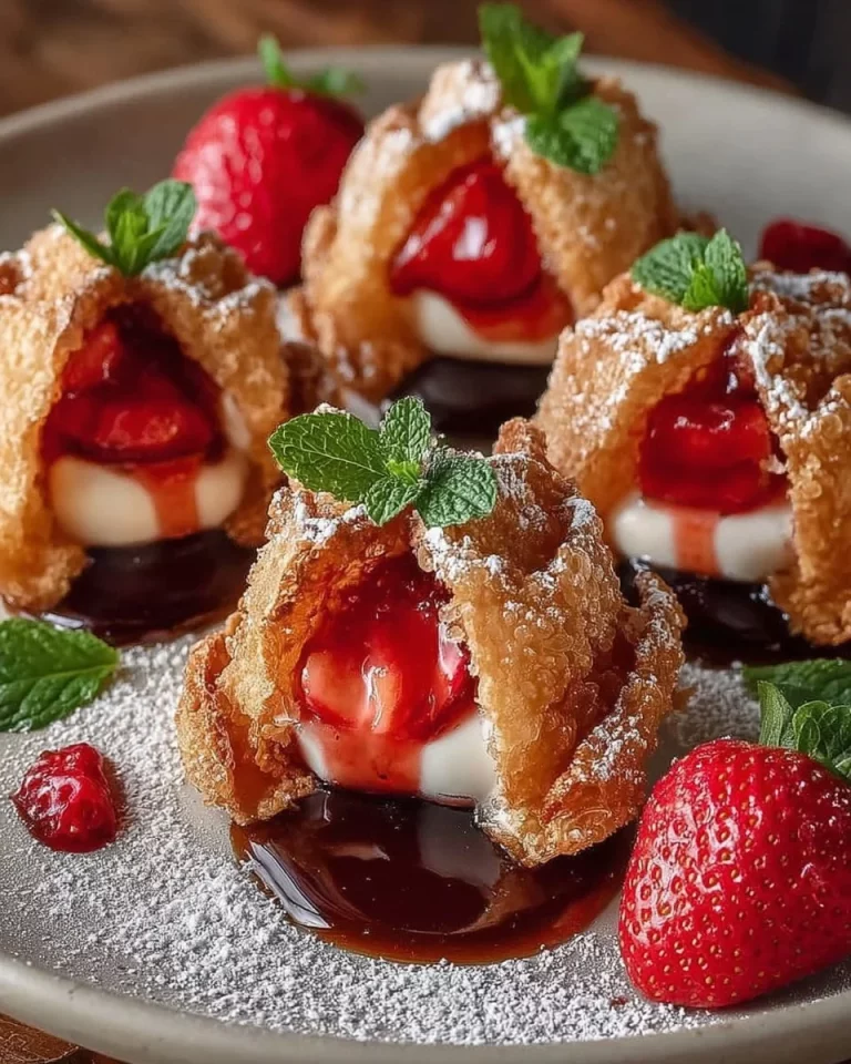 Deep-fried strawberry cheesecake stuffed wonton bites on a plate