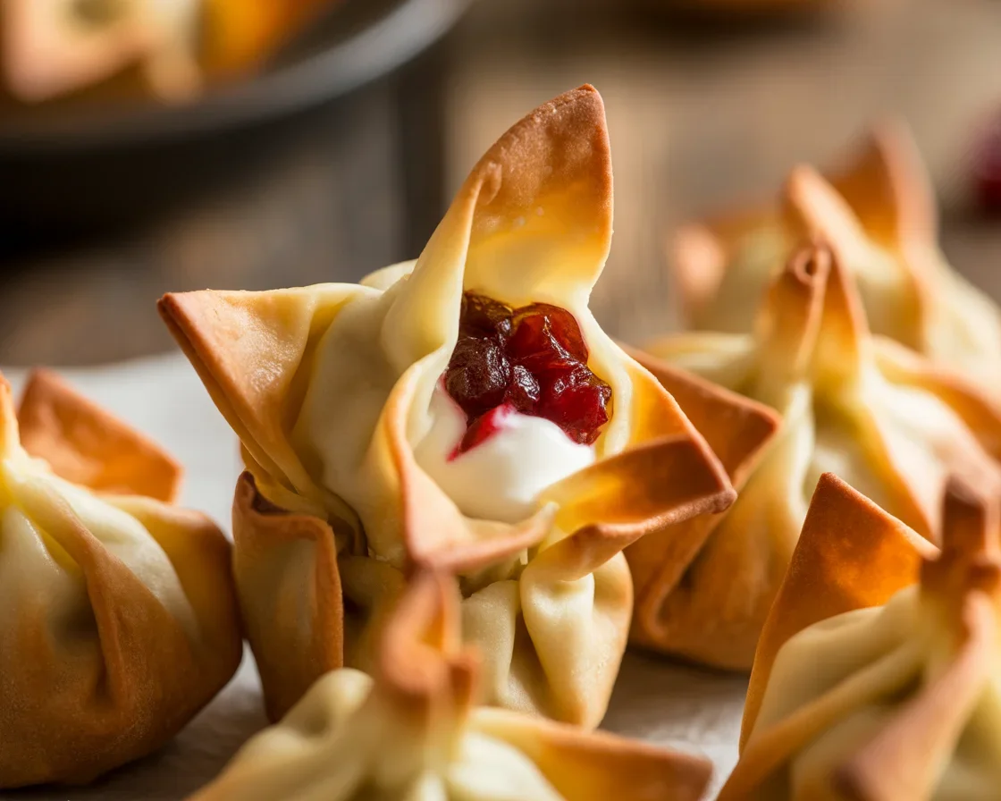 Baked Mini Cranberry Cream Cheese Wontons served in a crispy golden shell.
