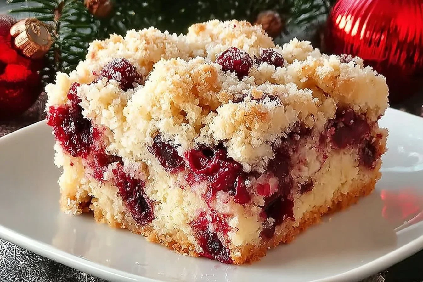 Christmas Cranberry Buckle topped with sugar cookie streusel