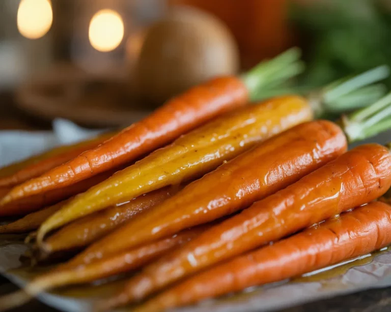 Plate of honey roasted carrots for two, drizzled with honey and butter.