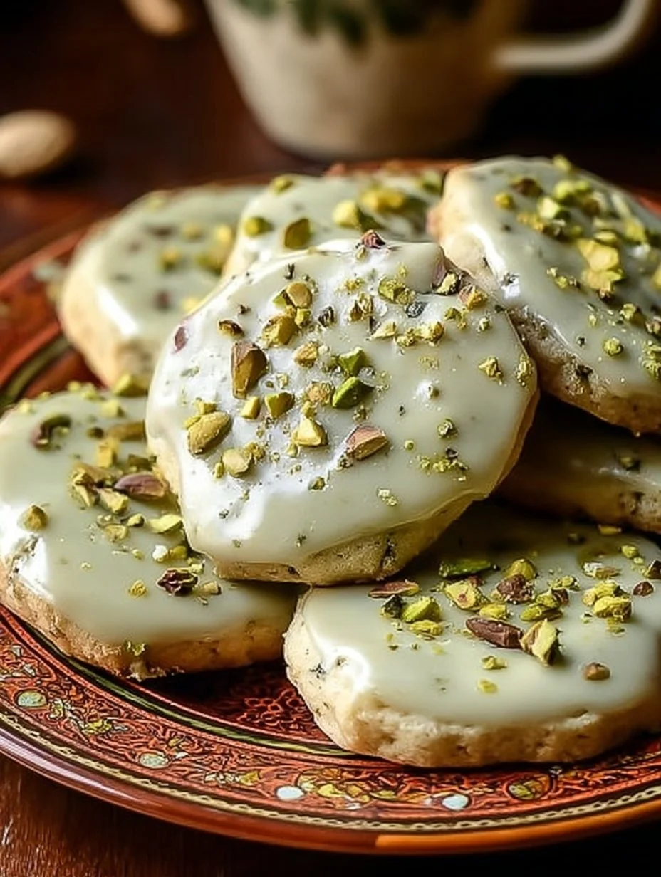 Freshly baked pistachio shortbread cookies on a cooling rack