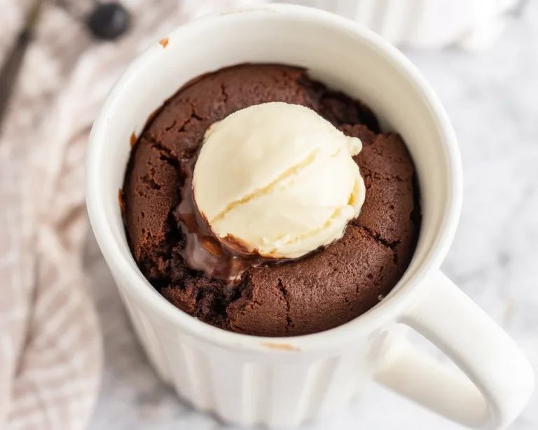 Small Batch Chocolate Peanut Butter Mug Cake baked in an oven, served in a mug.