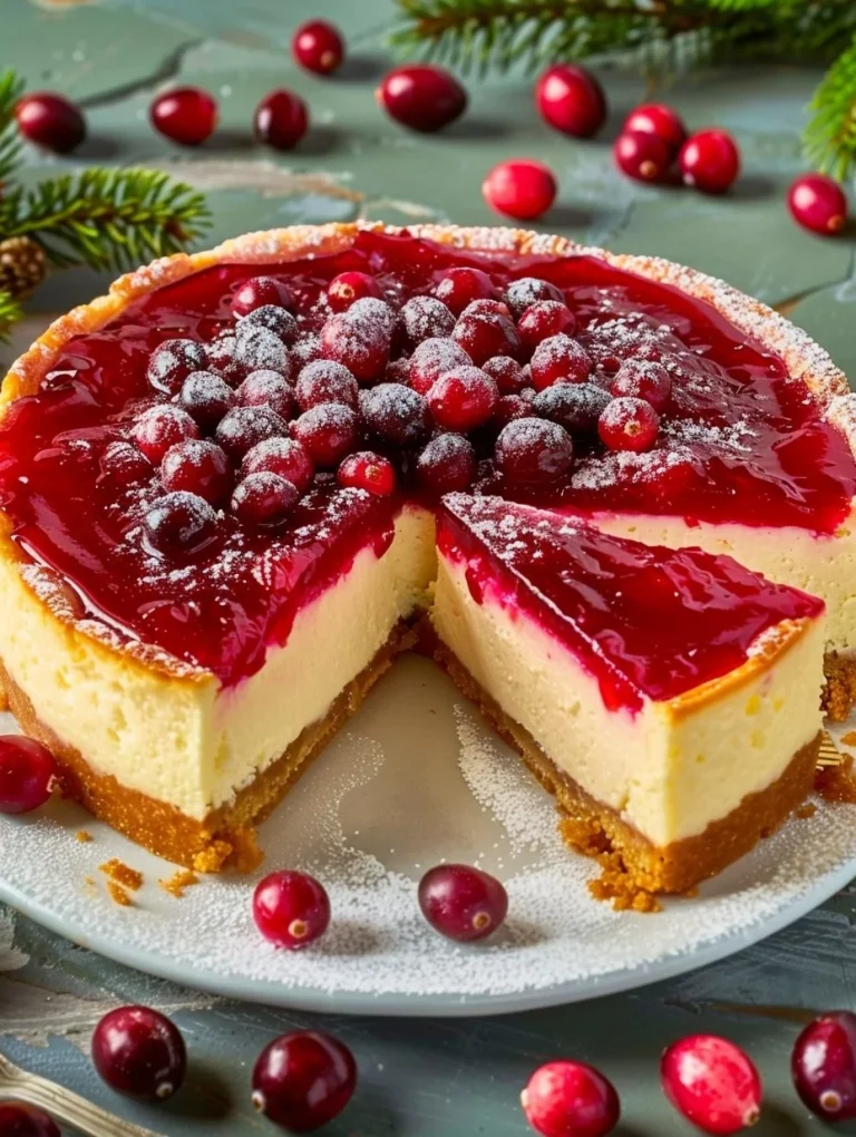 Delicious easy cranberry cheesecake topped with fresh cranberries