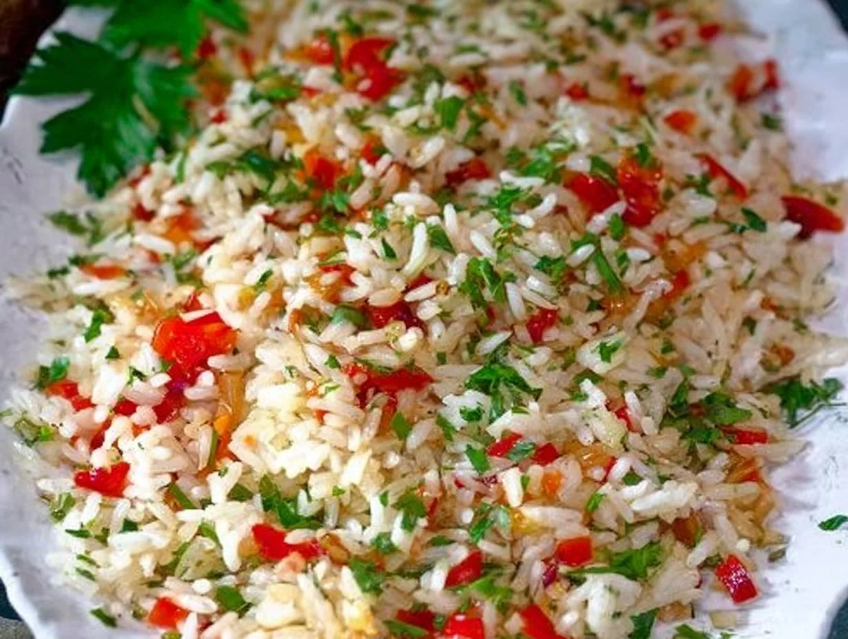 Bowl of easy holiday rice garnished with herbs and spices