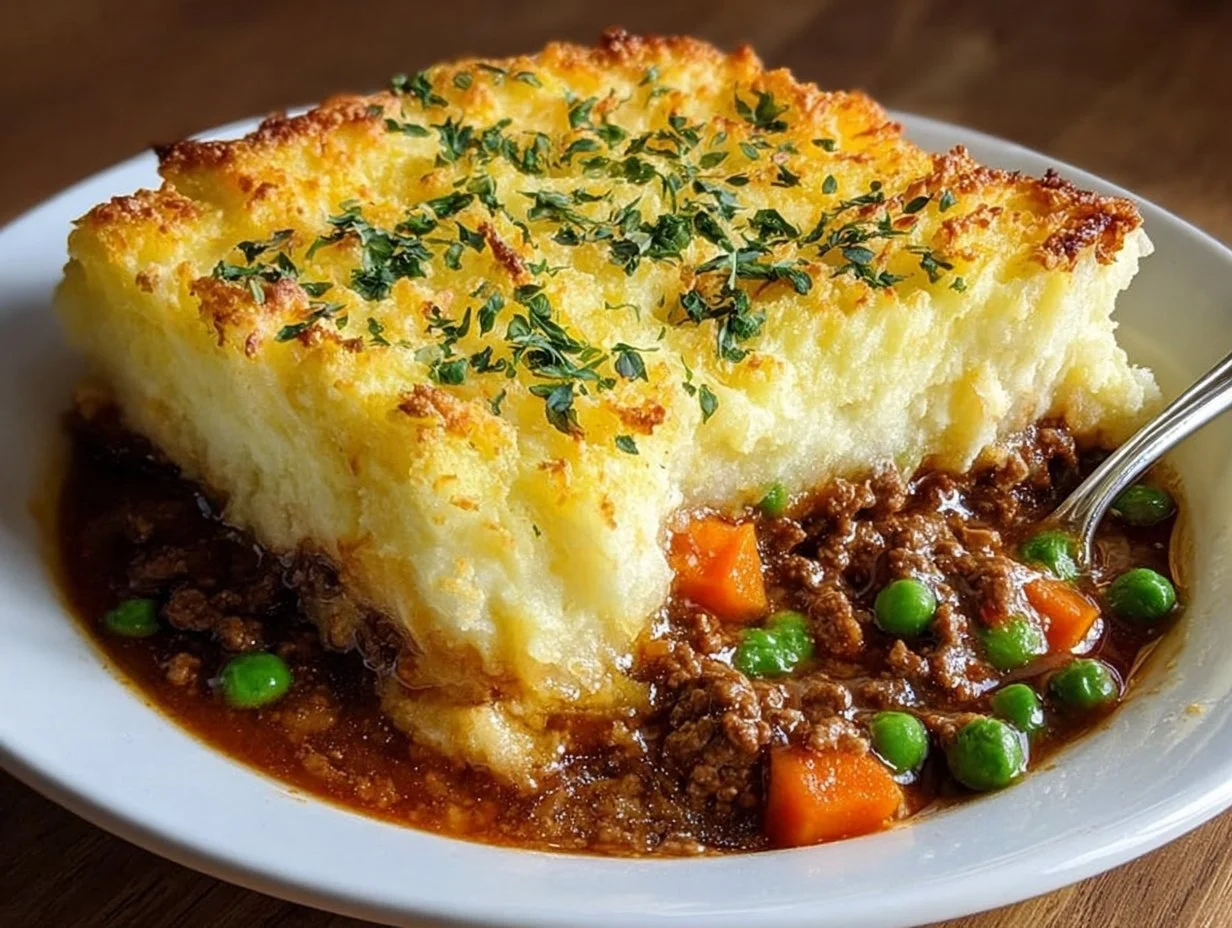 Easy Shepherd's Pie casserole topped with mashed potatoes and herbs