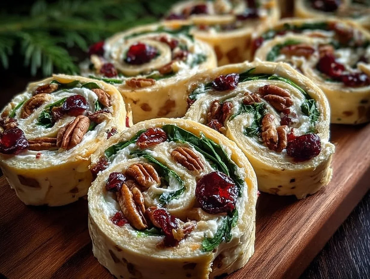 Delicious Christmas Cranberry Roll Ups garnished on a festive platter