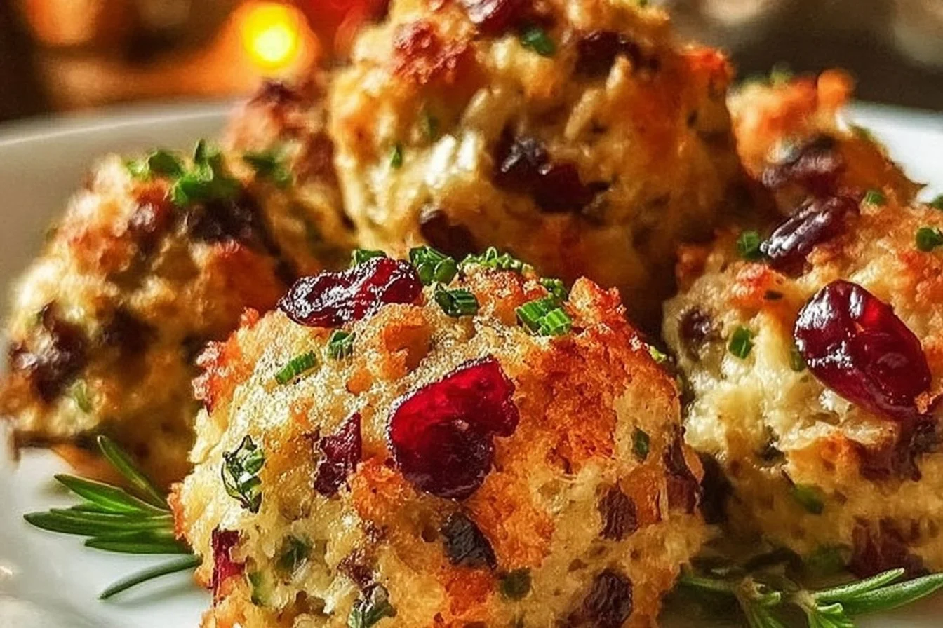Festive cranberry turkey stuffing balls served on a plate for Thanksgiving dinner