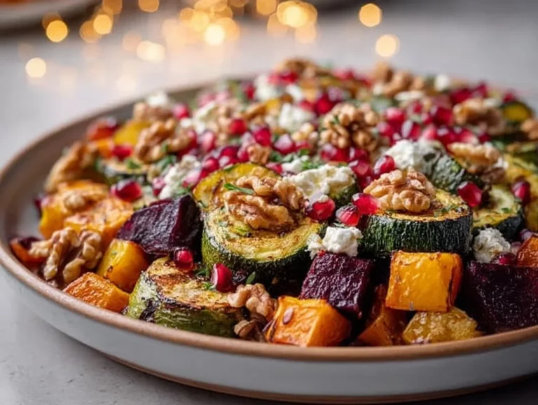 Colorful festive roasted veggie salad with feta, walnuts, and pomegranate