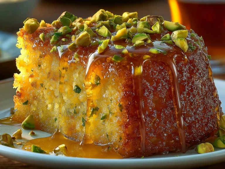 Flourless orange pistachio cake slice with vibrant orange glaze and pistachios