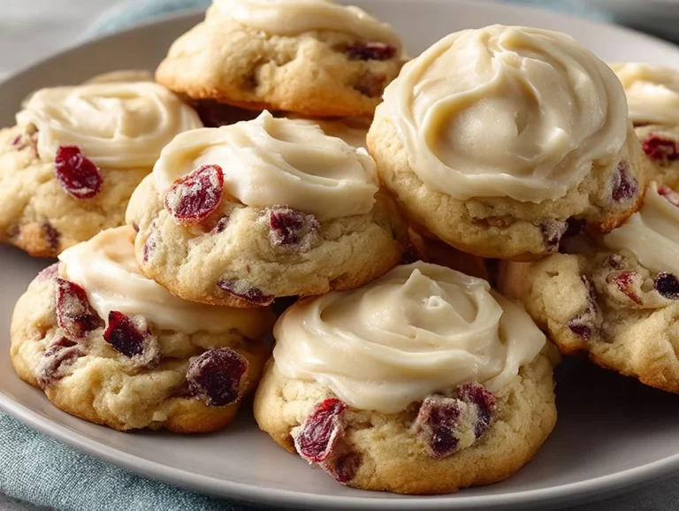 Frosted cranberry drop cookies on a decorative plate