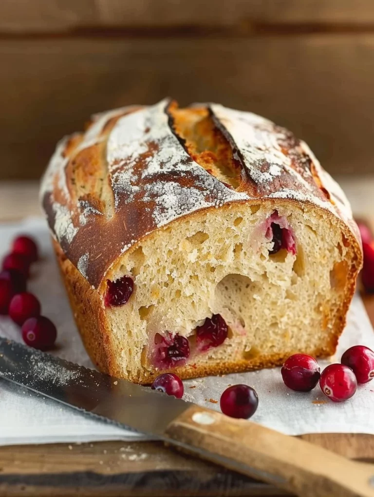 Slice of gluten-free cranberry bread on a wooden cutting board.