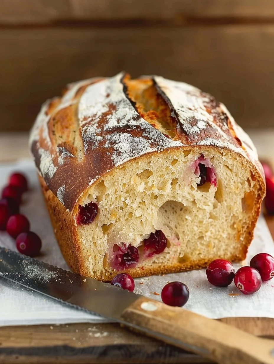 Slice of gluten-free cranberry bread on a wooden cutting board.